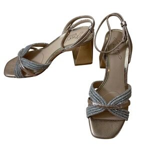 Jewel Badgley Mischka Rose Gold Rhinestone Bow Block Heel Sandals Women's Size 6